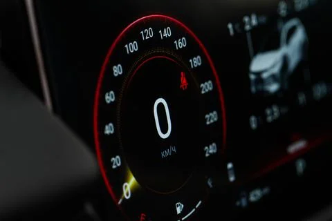 Close up of a car speedometer. Car speedometer guage. Translation "km/h" 스톡 사진