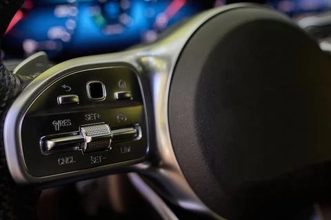 Close Up of Car Steering Wheel Controls Stock Photos