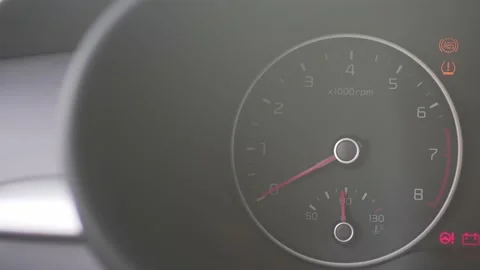 Close-up of the car tachometer. Auto starts. Control of indicators on the Stock Footage 183370494