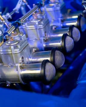 Close Up Of Carburetor In Engine Of Classic Car 스톡 사진