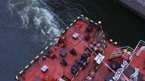 Close-up cargo ship floats on the river. Stock Footage 159491764