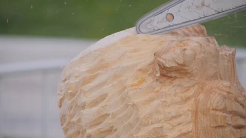 Close up: carpenter using chainsaw for carving wooden sculpture - slow motion Stock Footage 331654829