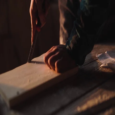 Close-up of a Carpenter working on a Wooden Window Frame with a File in his Stock Footage 69541098