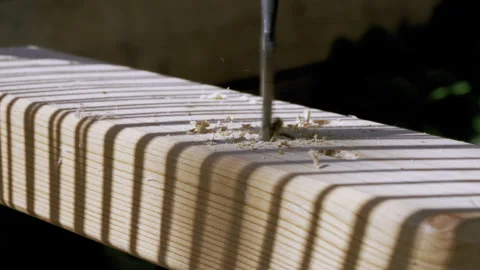 Close-Up Carpentry: Drilling and Sawing in Sunlight Stock Footage 307938924