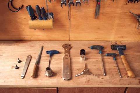 Close Up Of Carpentry Tools On Workbench In Workshop Stock Photos