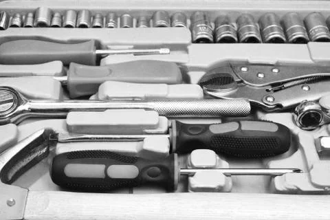 Close up of a case with instruments, different tools.. Stock Photos
