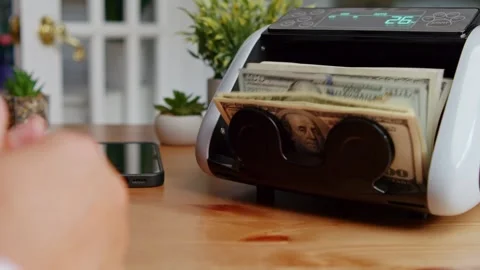 Close Up Cash Counting Machine With One Hundred Dollar Banknotes Stock Footage 326173063