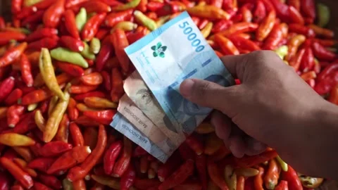 Close-up of a cash transaction using Indonesian rupiah at a traditional market Stock Footage 322633126