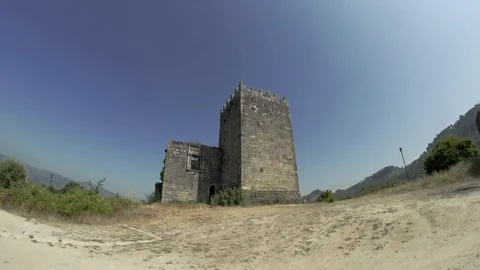 Close up of castel with clear blue sky background, Portugal Stock Footage 128964827