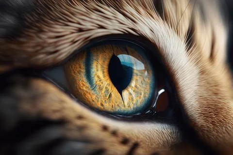 A close up of a cat's eye with a blue iris and yellow iris highly detailed .. Stock Illustration