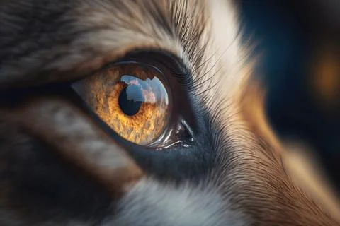 A close up of a cat's eye with a sky background and clouds in the backgroun.. Stock Illustration