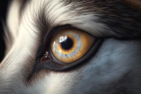 A close up of a cat's eye with yellow iris and black background realistic e.. Stock Illustration