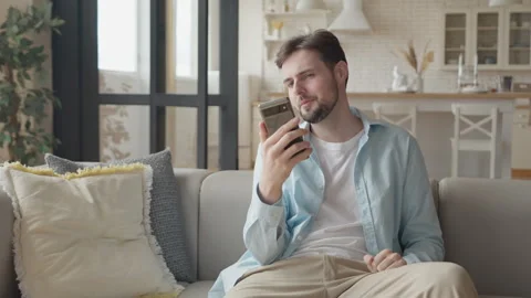 Close up Caucasian Guy Sitting in Sofa Making Video Chat Online Stock Footage 295186569