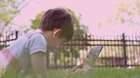 Close up Caucasian little boy using Digital Tablet sitting on the grass outdoors Stock Footage 211403296