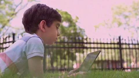 Close up Caucasian little boy using Digital Tablet sitting on the grass outdoors Stock Footage 211403426