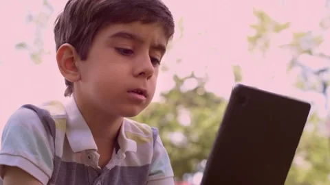Close up Caucasian little boy using Digital Tablet sitting on the grass outdoors Stock Footage 211403582