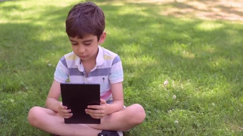 Close up Caucasian little boy using Digital Tablet sitting on the grass outdoors Stock Footage 211403724