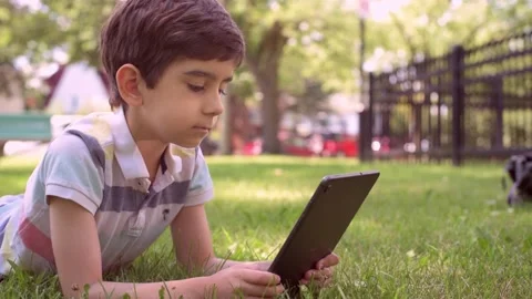 Close up Caucasian little boy using Digital Tablet sitting on the grass outdoors Stock Footage 211403904