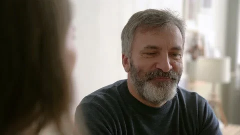 Close Up Of Caucasian Middle Age Man White Grey-Hair Talking with Woman Stock Footage 153806028
