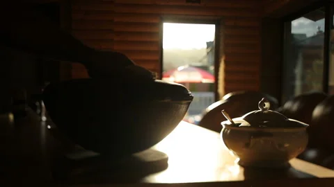 Close up the cauldron from which comes the steam of hot ready meals. Stock Footage 136083744
