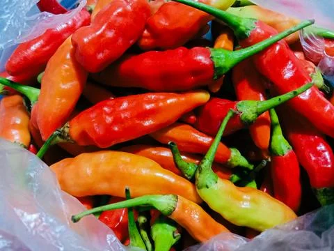 Close up of cayenne pepper in plastic. Stock Photos