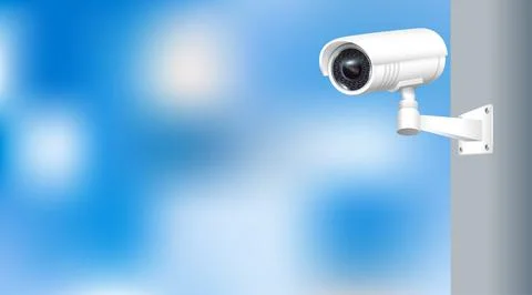 Close up of CCTV camera over defocused background. Security monitoring system Stock Illustration