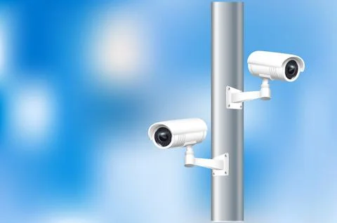 Close up of CCTV camera over defocused background. Security monitoring system Stock Illustration