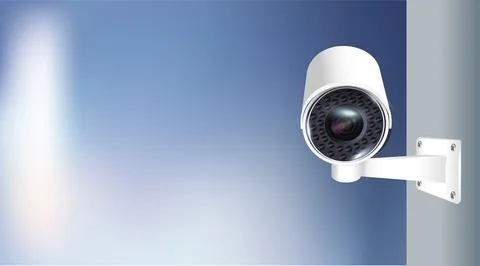 Close up of CCTV camera over defocused background. Security monitoring system Ilustración de archivo