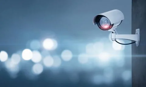 Close up of CCTV camera over defocused background with copy space Foto stock