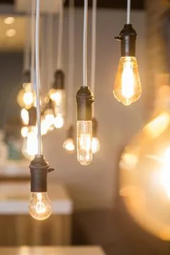 Close-up of ceiling with several modern light bulbs on Foto stock