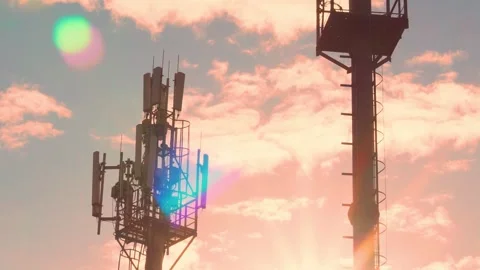 Close-up Cell Towers, Cellular GSM Towers with 3g 4g 5g Transmitters Mobile Comm Stock-Footage 313924981