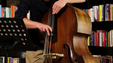 Close-up of a Cellist Playing Classical Music in Cozy Bookstore. Live String Vídeo Stock 334518968