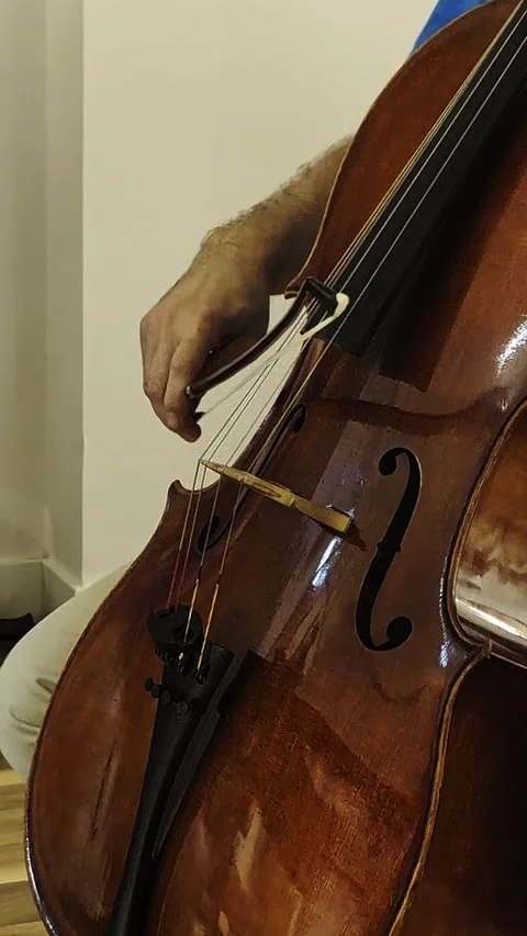 Close-up of a cellist’s hand bowing cello strings in casual attire Stock Footage 327835051