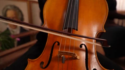 Close up of cello bow and strings in warm wooden room 库存影片 347813797