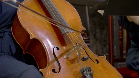 Close-Up of Cello Bow Moving Across Strings During Performance Stock Footage 320886537