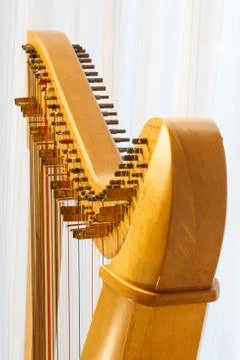 Close up of celtic harp with angle. beautiful string instrument. Stock Photos