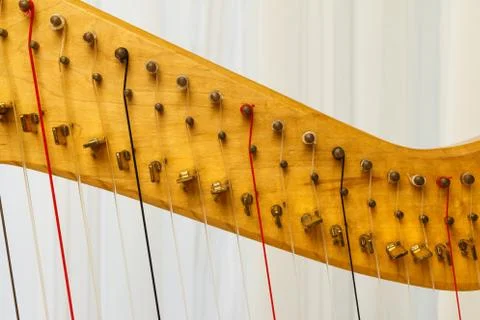 Close up of celtic harp strings in red, black and transparent. Stock Photos