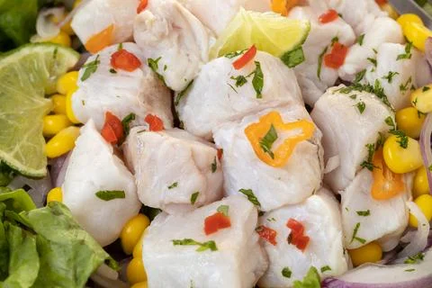 Close up of Ceviche, typical seafood of Peruvian cuisine. 写真素材