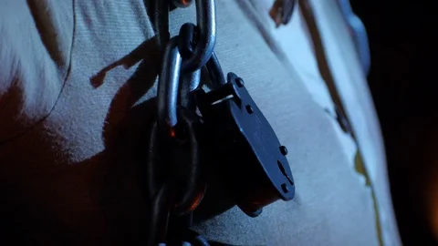 Close of chains and padlock of historical magician - Houdini on stage Stock Footage 104555878