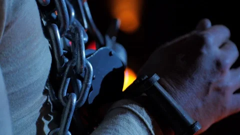 Close of of Chains, Padlocks buckles and straps of Houdini Magic Escape Stock Footage 98719885