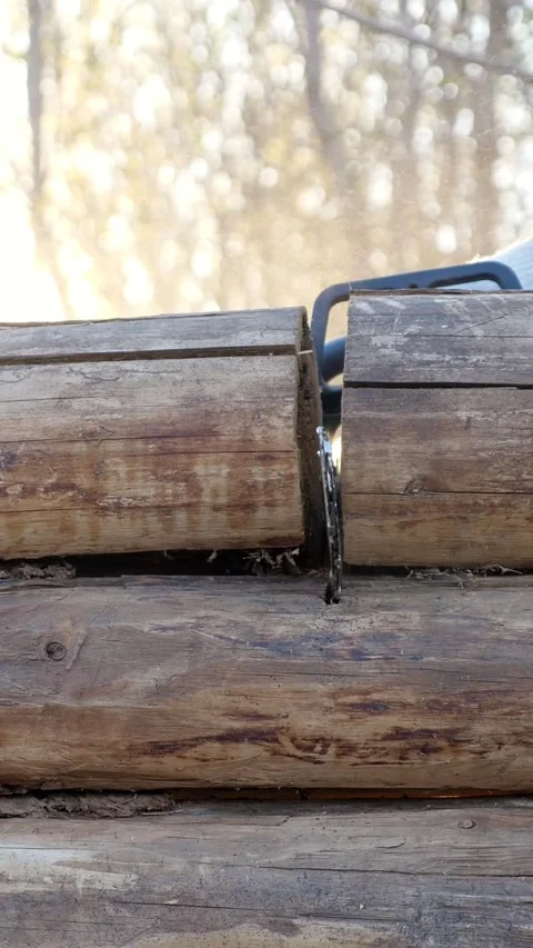 Close up of chainsaw cutting through wooden log wall with sawdust flying into Stock Footage 341283353