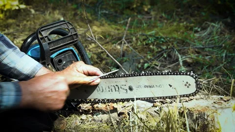 Close-up of a chainsaw in the woods. The man cleans the blade with his hands Stock Footage 177959879