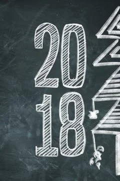 Close-up of chalk drawn 2018 with Christmas tree on a blackboard Stock Illustration