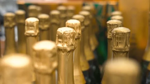 A close-up of champagne bottles aligned in rows Stock Footage 308496670