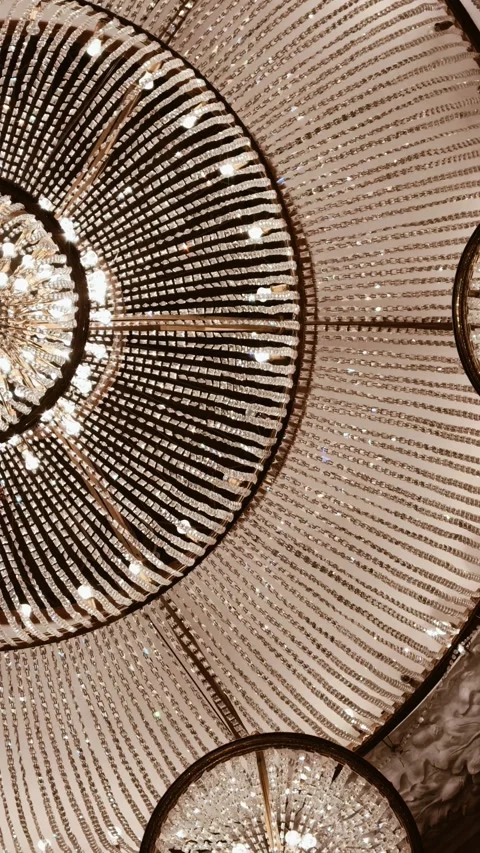 Close up chandelier ceiling structure with radial metal pattern, decorative inte Stock Footage 333915482