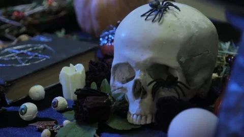 Close-up, change of focus from human skull to black book with pentagram. Vídeos de archivo 141836123