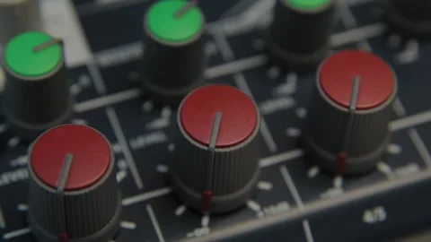 Close-up of channel controls on a professional audio mixer Stock Footage 306149857