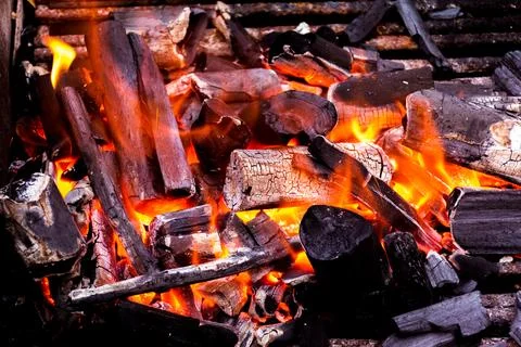 Close up charcoal ash fire burning hot Stock Photos