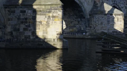 Close-Up of Charles Bridge Pier and Shadows – Prague Stock Footage 313384319