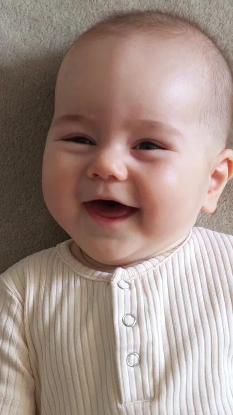 Close up of a charming and happy infant boy laughing heartily, showing genuine Video stock 341429577
